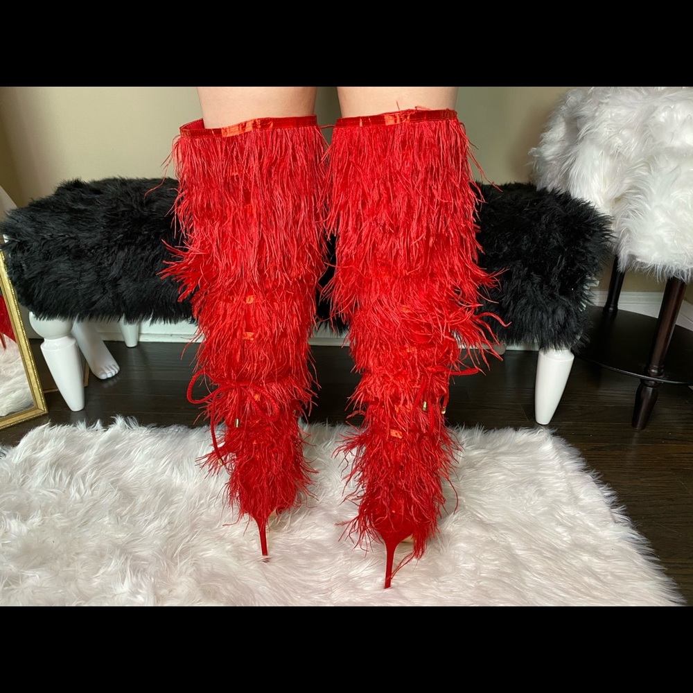 LILIANA CAMPBELL RED FEATHER HEEL BOOTS - Picture 13 of 16